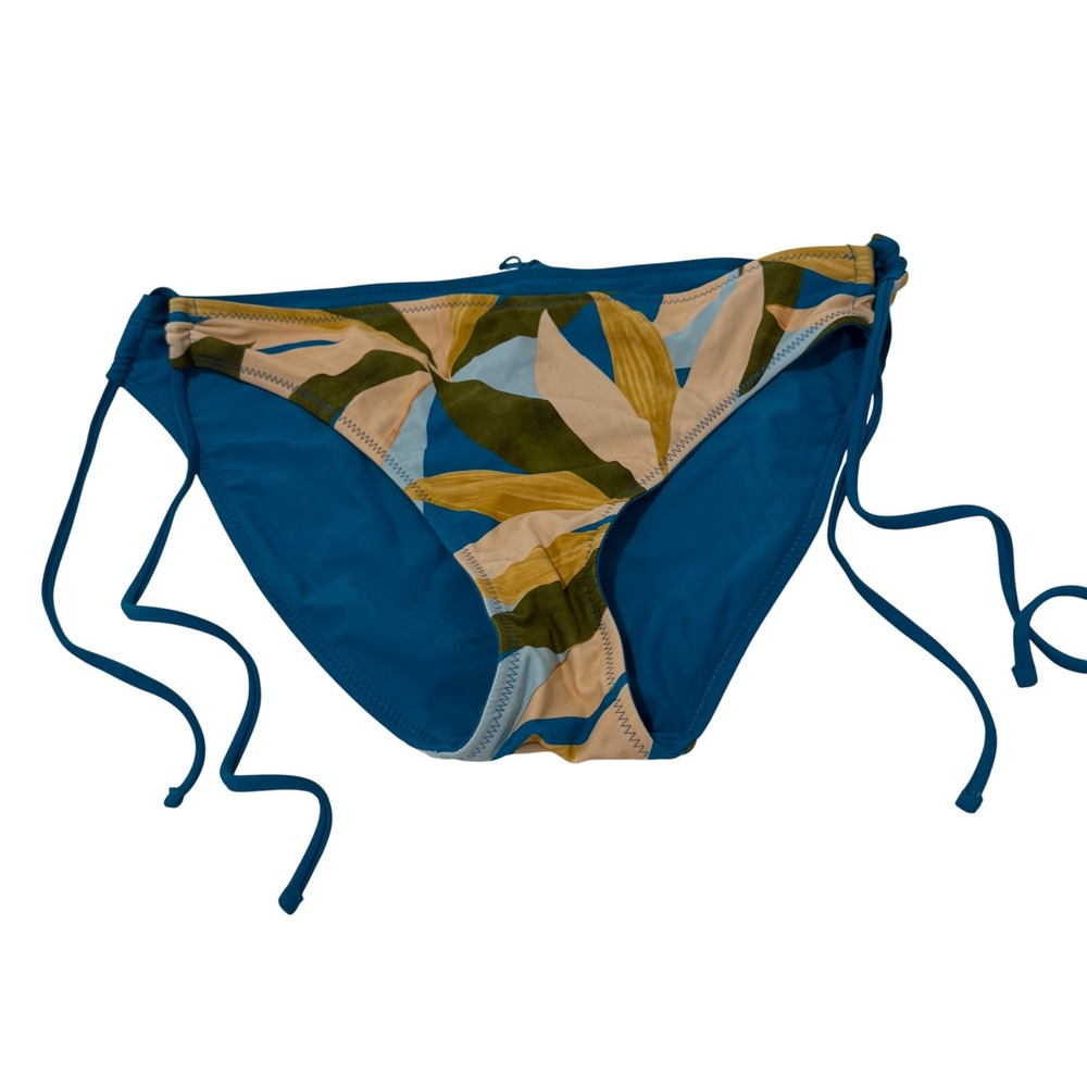 Hurley Tropical Leaf Print Side Tie Bikini Bottoms Blue Green Yellow L HURCO-Z